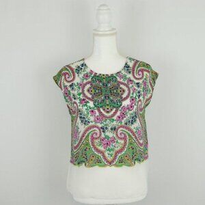 Dalia Collection Women's XS Green Cream Paisley Woven Crewneck Vented Tank Top